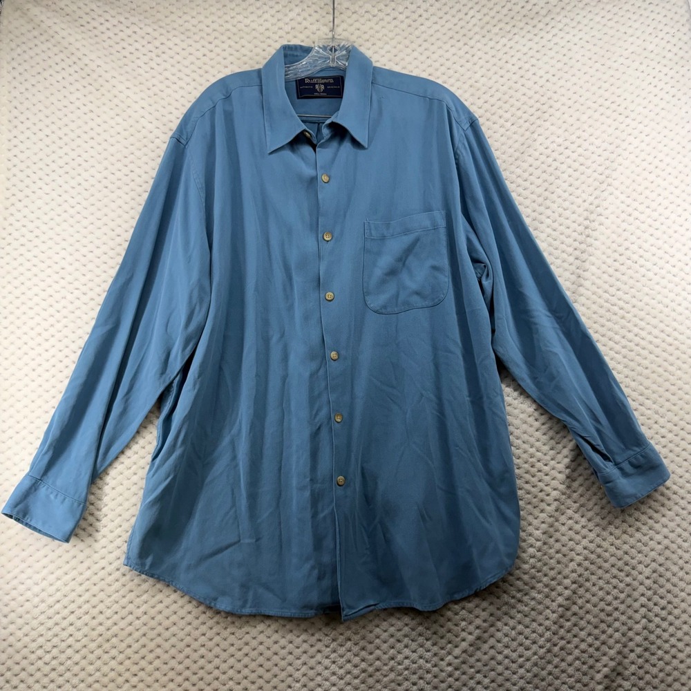 Ruff Hewn Button Down Shirt Mens XL Blue 100% Silk Herringbone Long Sleeve - Picture 2 of 8